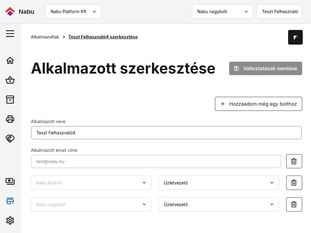 A Nabu alkalmazott profil oldalán szerkeszthető a boltokhoz való hozzáférés, az email cím és a név