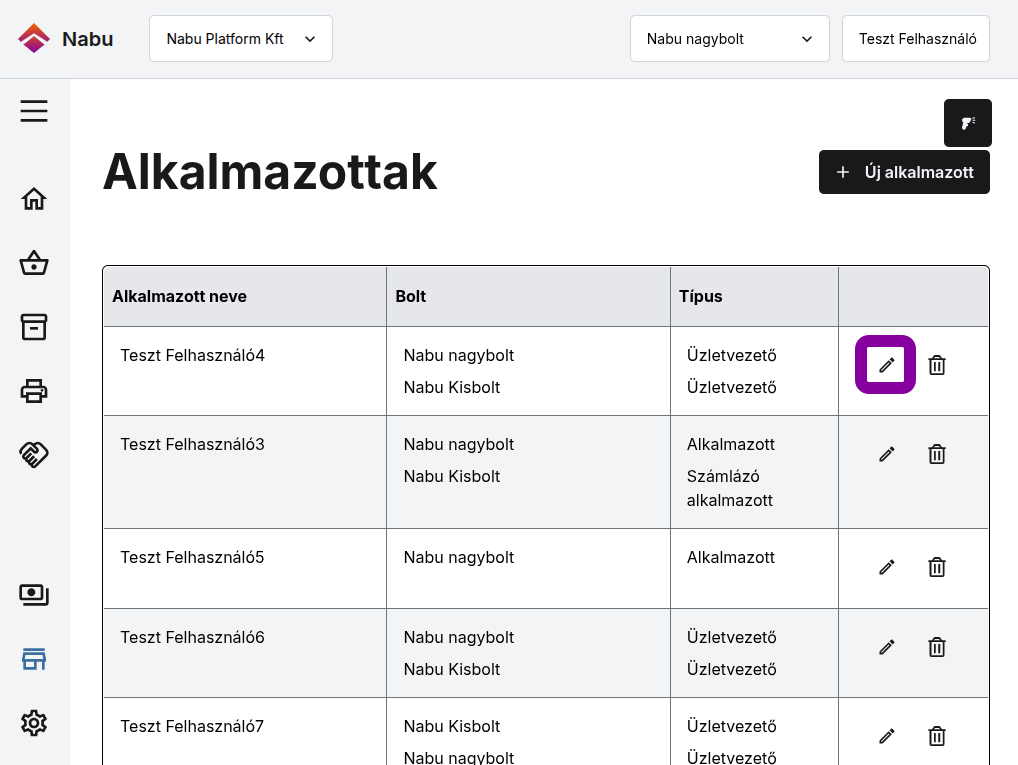 Alkalmazottak lista, az egyik felhasználó mellett — „Törlés" gomb kiemelve