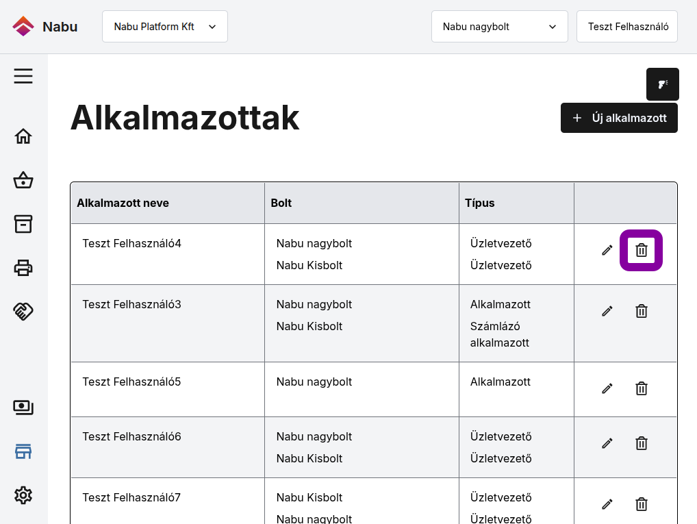 Alkalmazottak lista, az egyik felhasználó mellett — „Törlés" gomb kiemelve