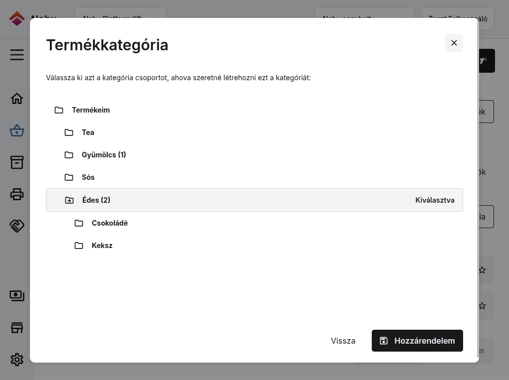 Nabu Termékkategória kereső, ahol mapparendszerszerűen kilistázásra kerülnek az egyes kategróiaszintek