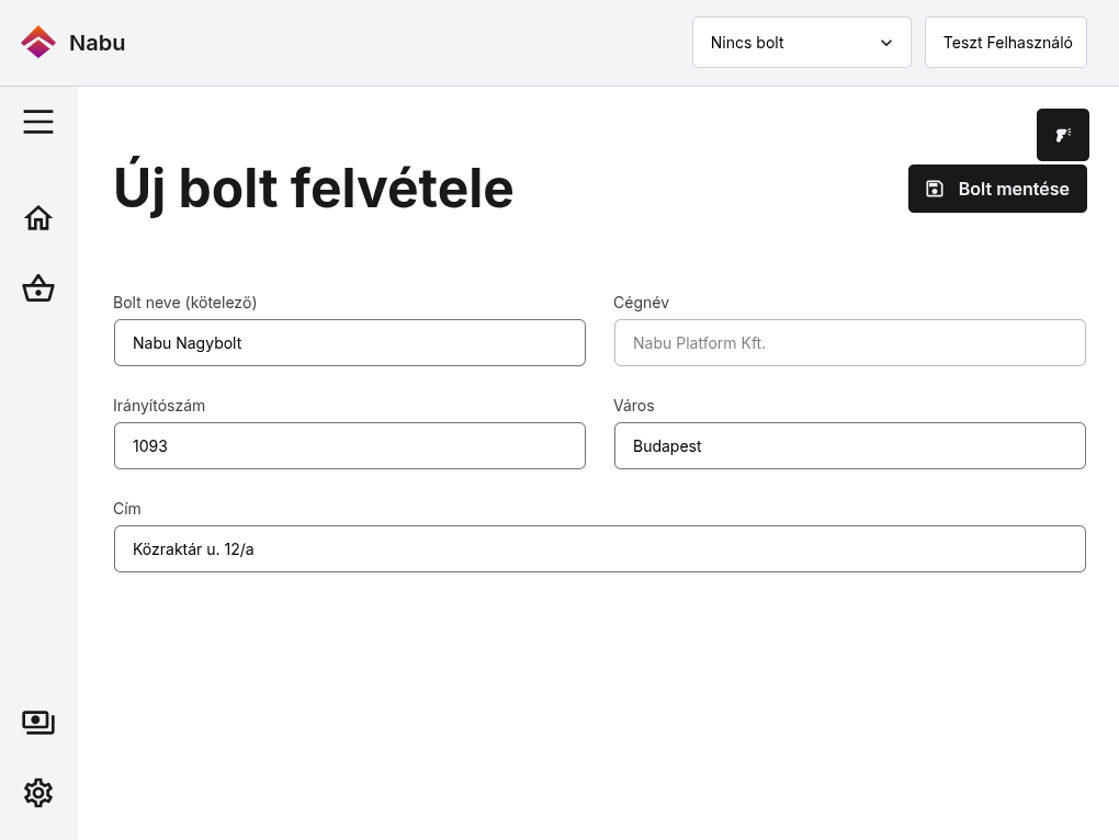 Az első bolt létrehozása képernyő kitöltve a bolt nevével és címével.