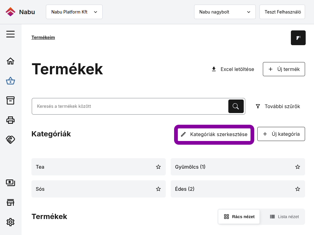 Terméklista a Kategóriák szerkesztése gomb kiemelésével