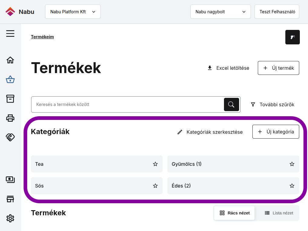 Nabu management terméklista oldal, ahol 4 kategória látszik: Tea, Gyümölcs (1), Sós és Édes (2)