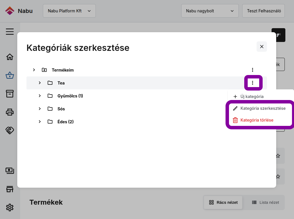 A kategóriák szerkesztése nézetnél kijelölve az egyik kategóriánál a három pont ikon, és alatta a szerkesztés és törlés lehetőségek a legördülőben