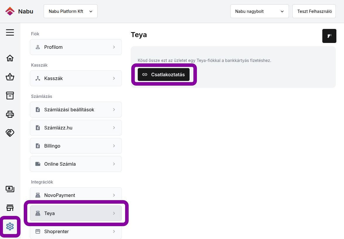 Nabu management Beállítások / Integrációk oldal, kiemelve a Teya integrációt és a Csatlakoztatás gombot