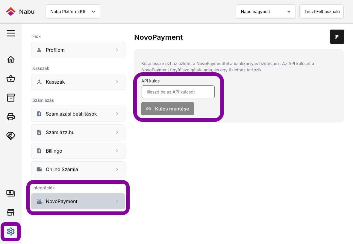 Nabu management Beállítások / Novopayment oldal, kiemelve az API kulcs mezőt és a Kulcs mentése gombot