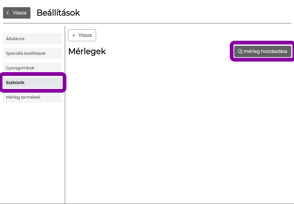 Nabu POS képernyő, kiemelve az Eszközök menüpontot és az Új mérleg hozzáadása gombot