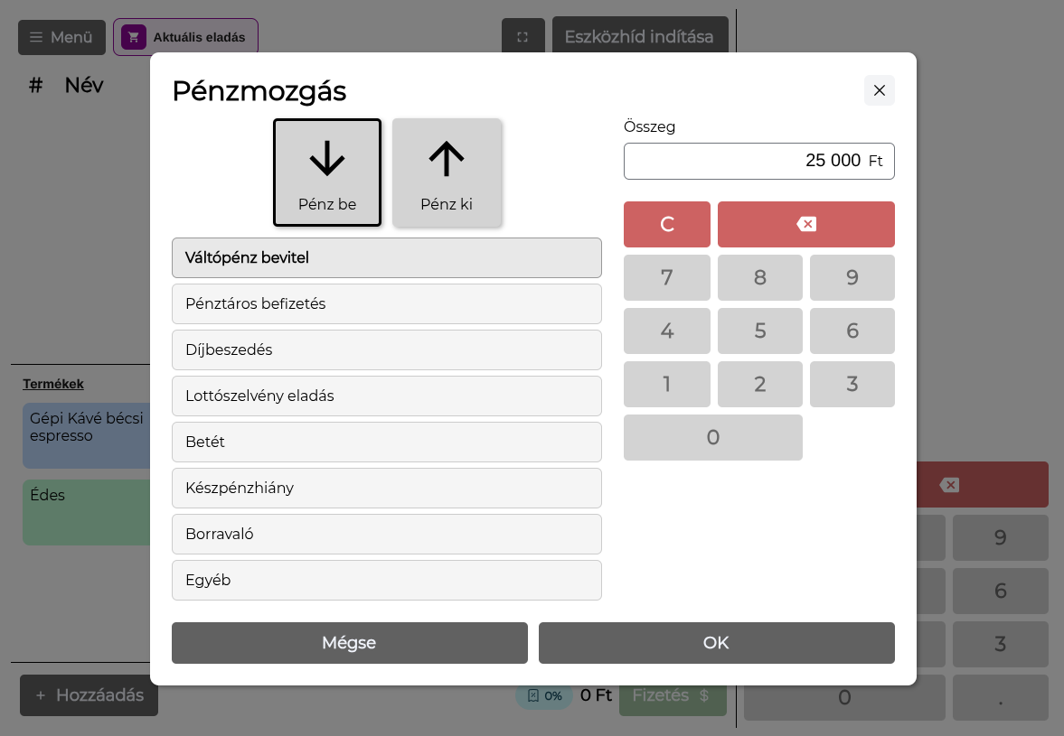 Nabu POS pénzbefizetés esetén az összeg és az indok megadva