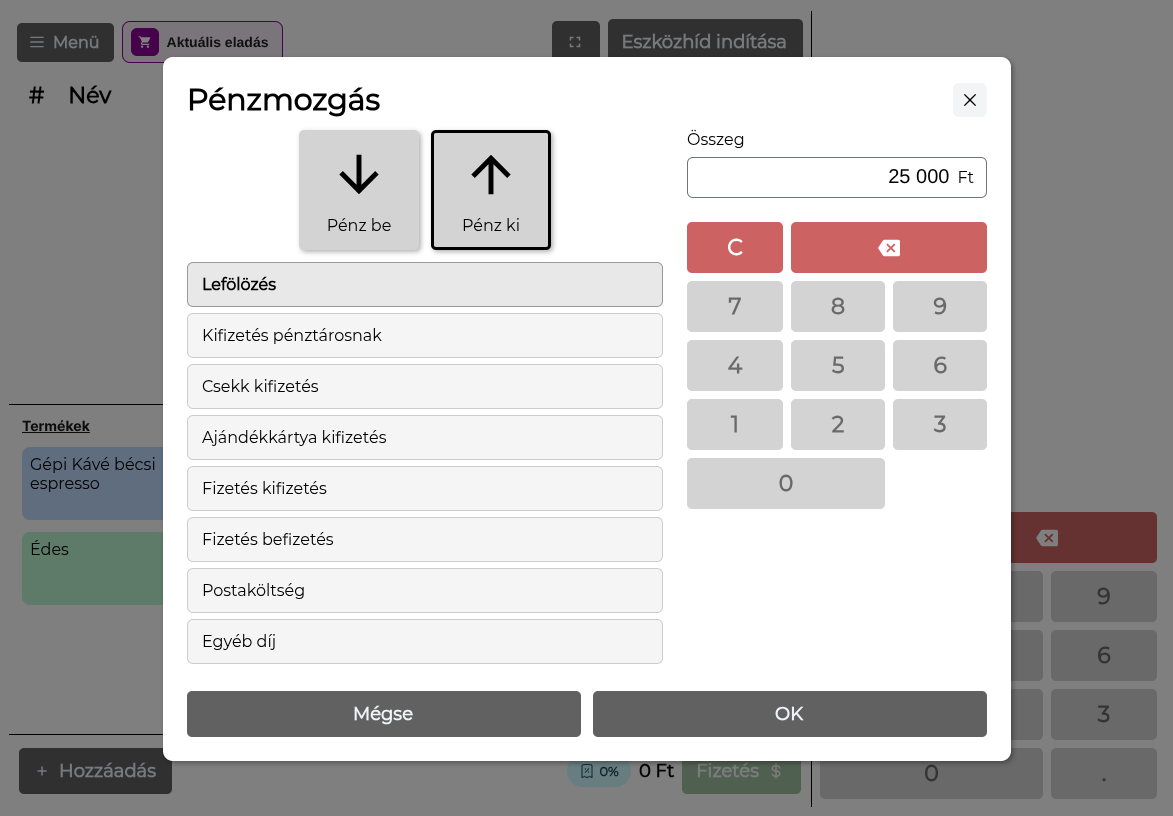 Nabu POS pénzbefizetés esetén az összeg és az indok megadva