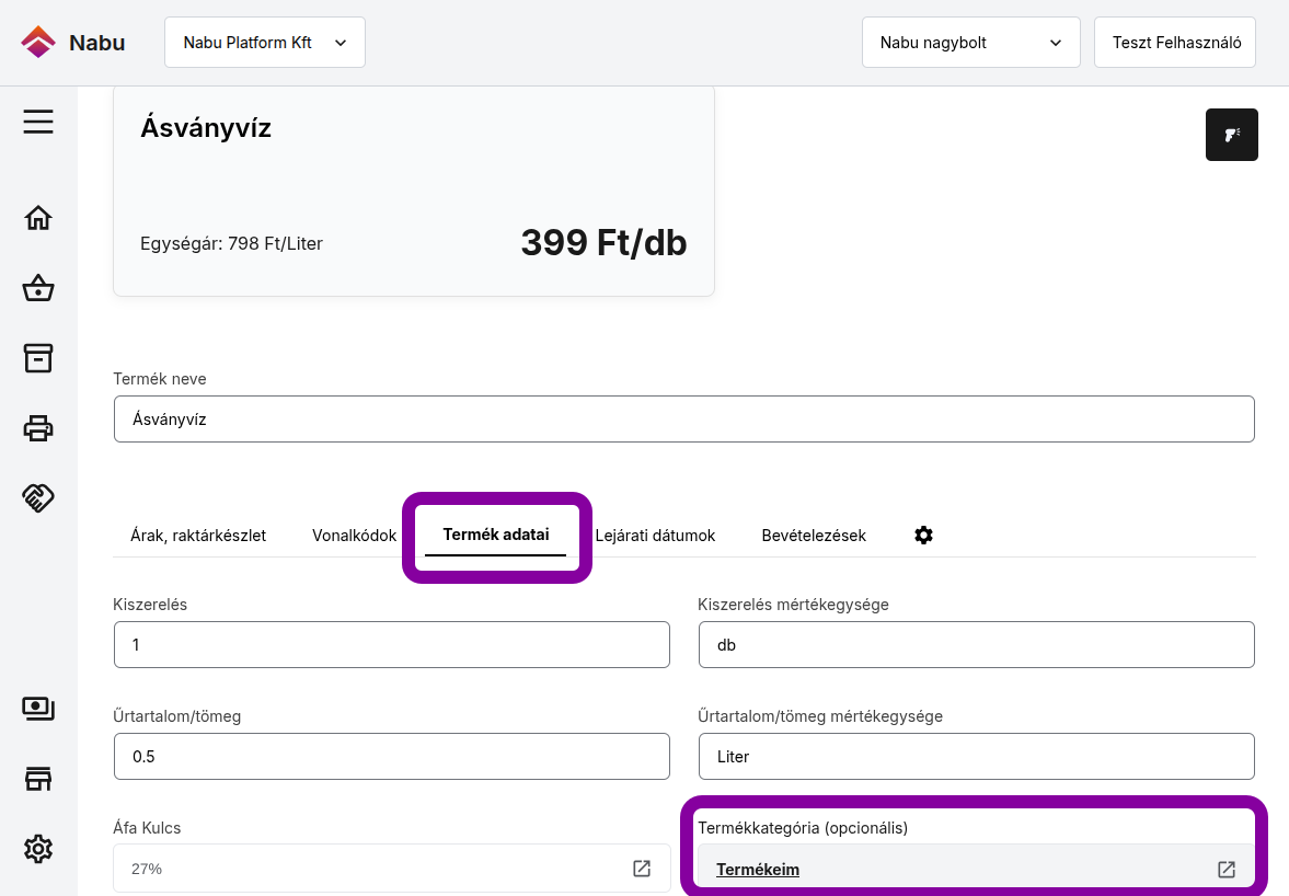 A termék oldalon kiemelve a Termék adatai fül, és menüben a Termékkategória mező