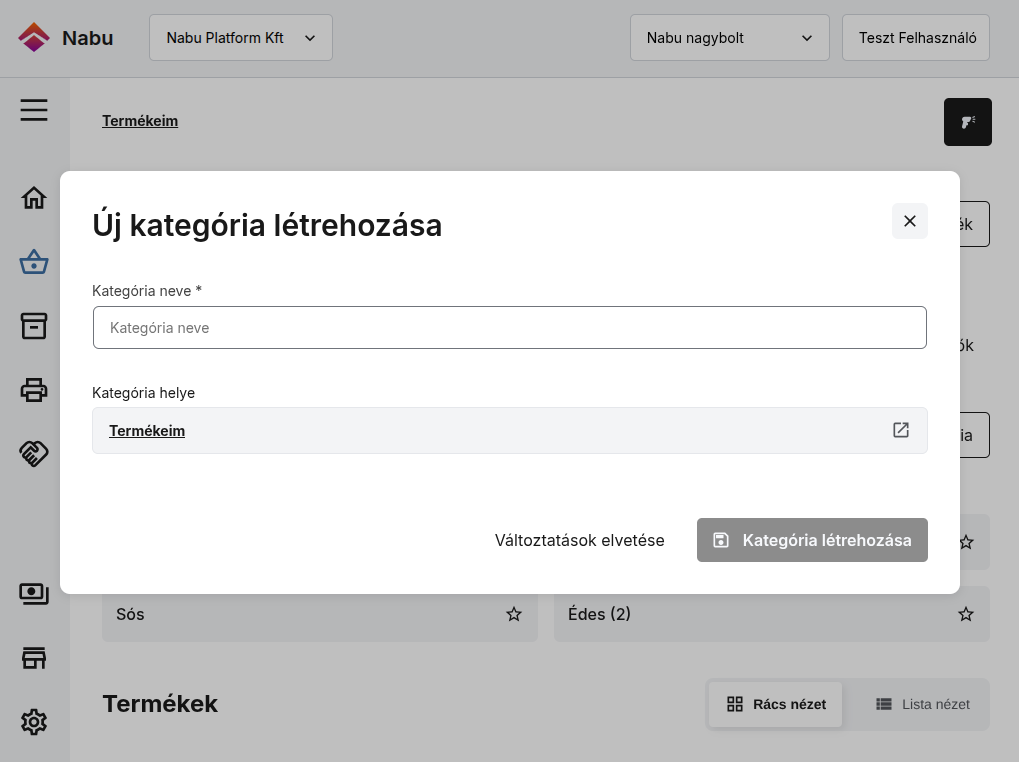 Új kategória képernyő, ahol megadható a termék neve és kiválasztható a helye