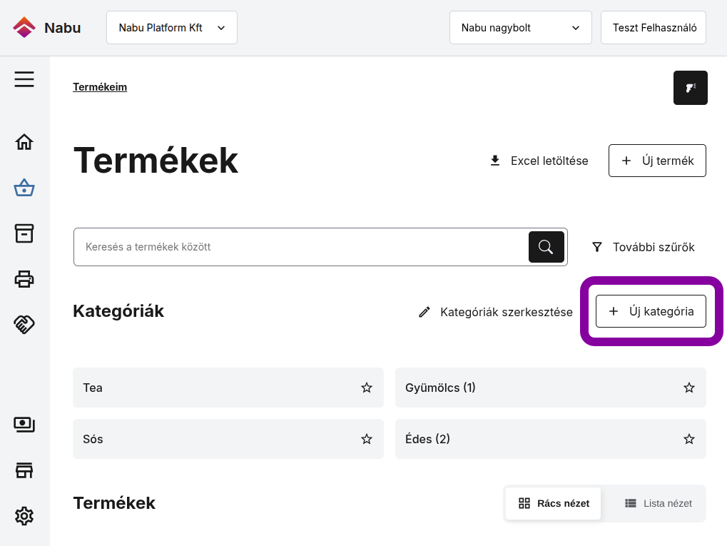 Nabu management terméklistán Új kategória gomb kiemelve
